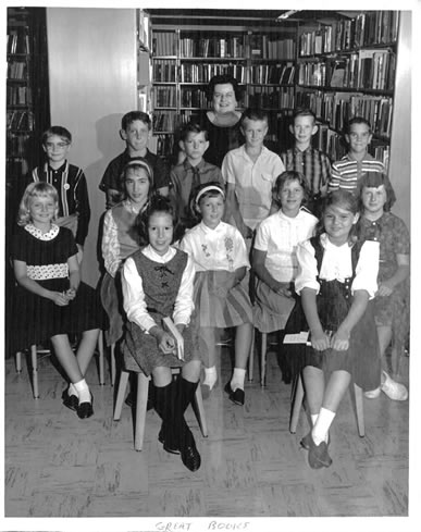 Black and white photo of the junior division of the Great Books club at the Melville Library