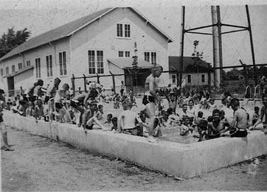 Black and white photograph of the Nazareth Boys’ School gymnasium and swimming pool built in the 1930’s by Frank Schneider Sr.