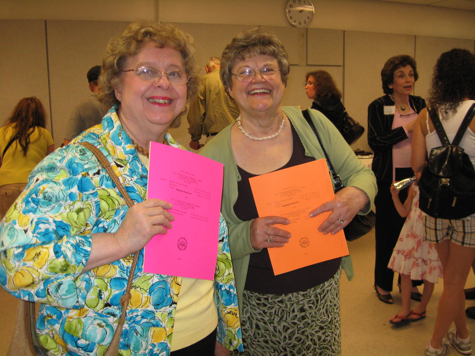 Image of Janet Griebert and friend attending the Half Hollow Hills Community Library's 50th Birthday celebration in April 2009