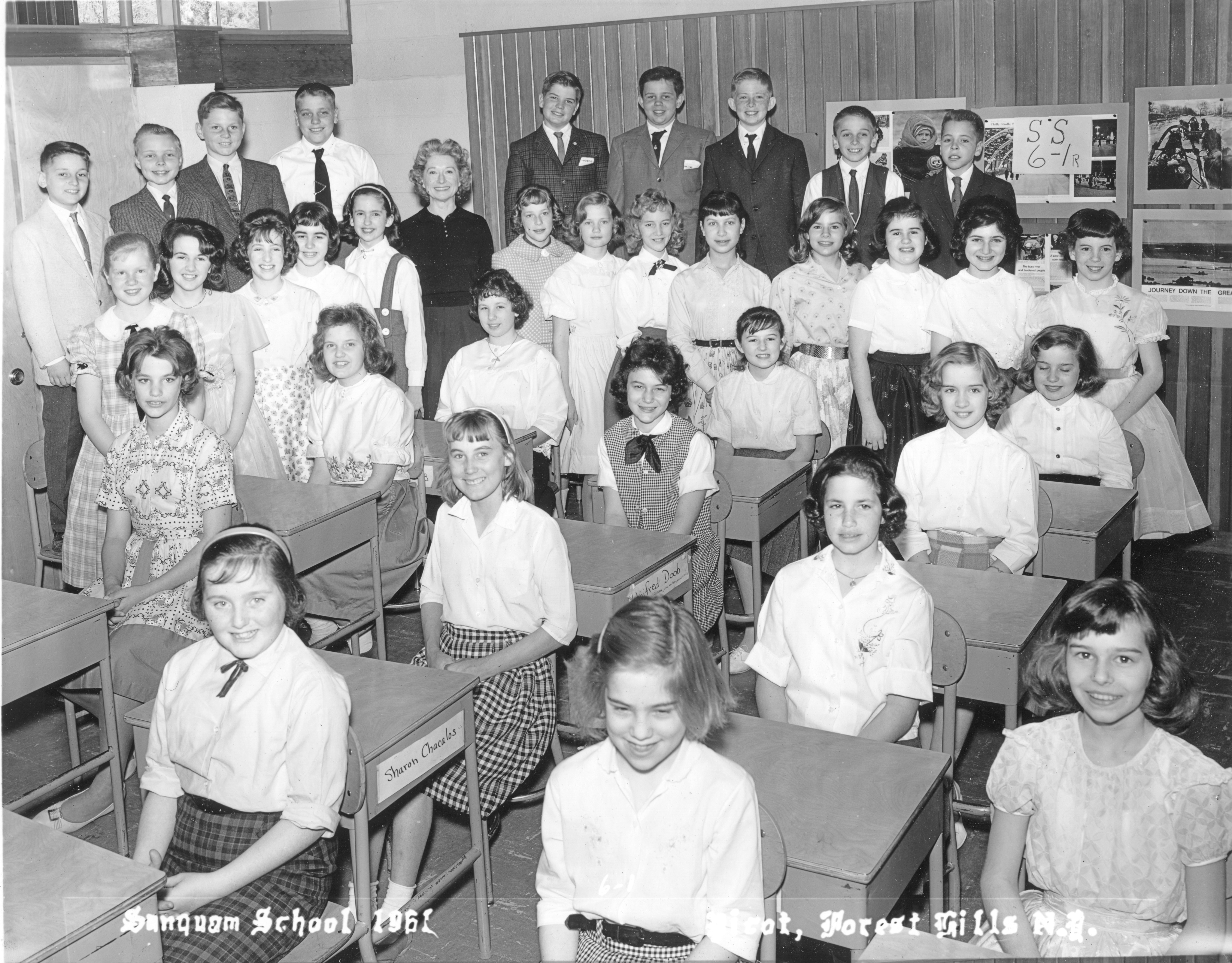 Black and white photo of Sunquam School 6th grade class with teacher Mrs. McDonald