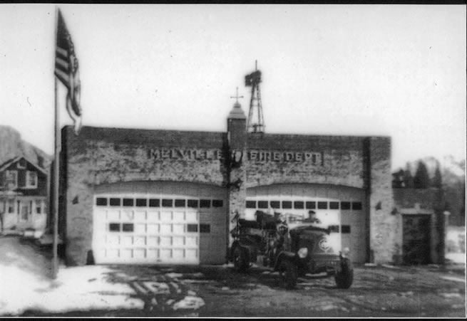 Black and white photo of the new Melville fire house, 1948