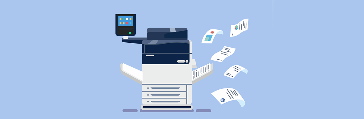 Wireless Printing header: printer graphic with papers flying out