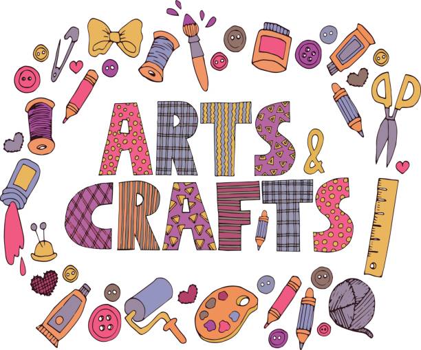 Clip art picture of the words Arts & Crafts written out in the center with all different types of crafting materials surrounding the words. 