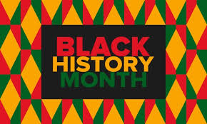 Black History Months spelled out in red, yellow and green with a kente-cloth pattern in the same colors in the background. 
