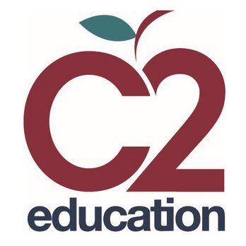 C2 Education logo. C2 put together in the color red to resemble an apple. There is a stem and leaf coming out of where they join.  The word "education" spelled out below the C2