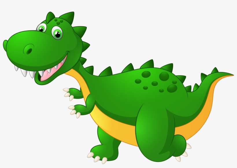 Cartoon-like green T-Rex dinosaur, smiling.  