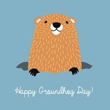 Cartoon like image of a ground hog sticking out of the ground. The words Happy Groundhog Day spelled out. 
