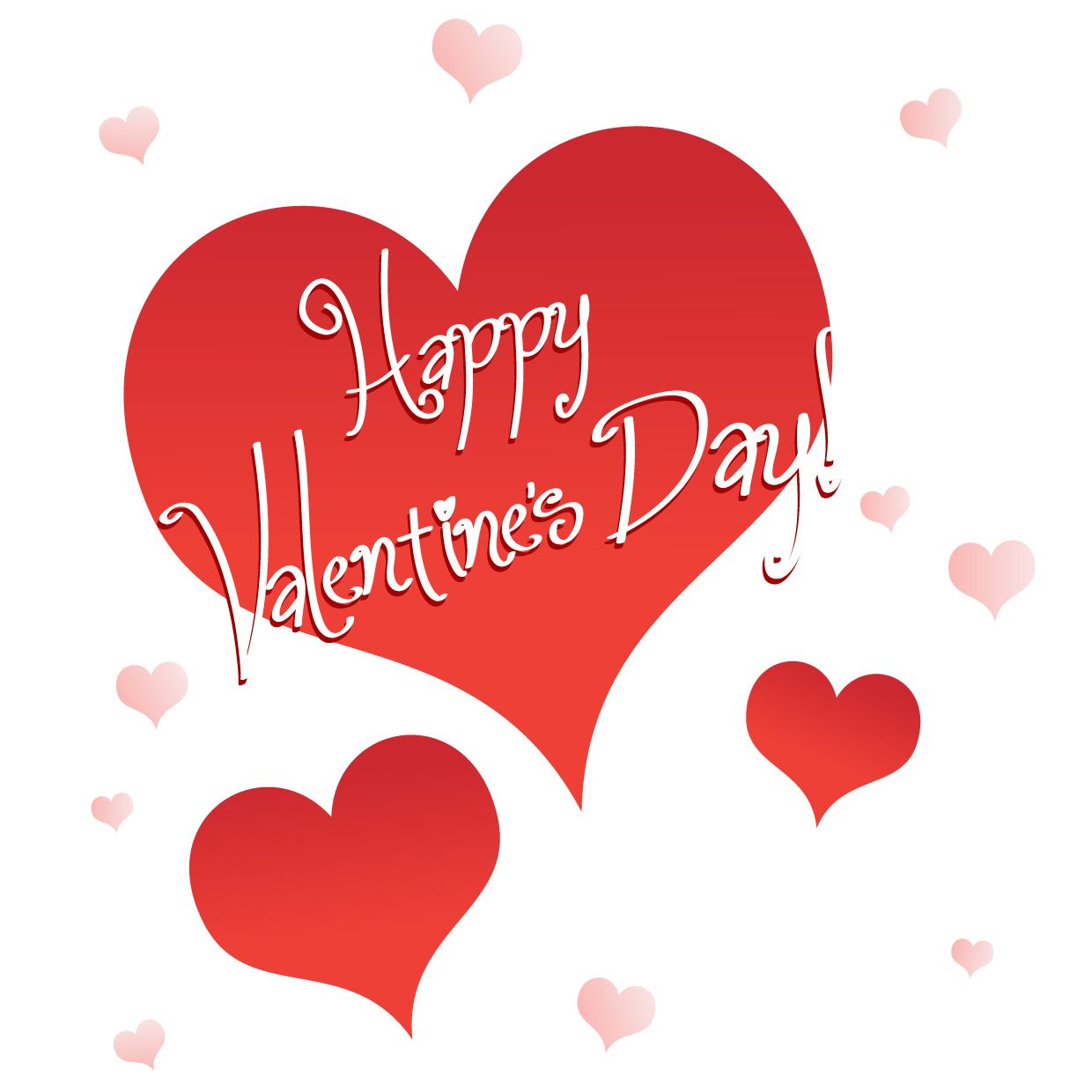 Clip art picture of a large red heart with the words "Happy Valentine's Day" written out in white. Two smaller red hearts below and faint pink hearts around. 