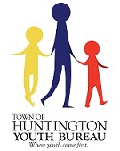 Town of Huntington Youth Bureau Logo. Large Silhouette in the middle holding the hands of two smaller silhouettes. Town of Huntington Youth Bureau, where youth come first spelled out. 