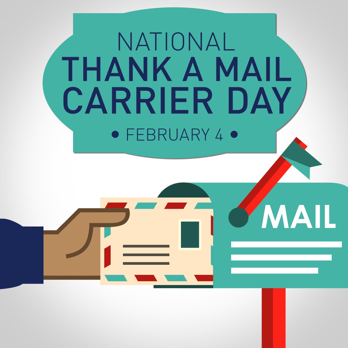 Clip art picture of a Mailbox with the arm and hand of a postal worker putting a letter in the mailbox. Above that is a section with the words "National Thank A Mail Carrier Day, February 4th" written out. 