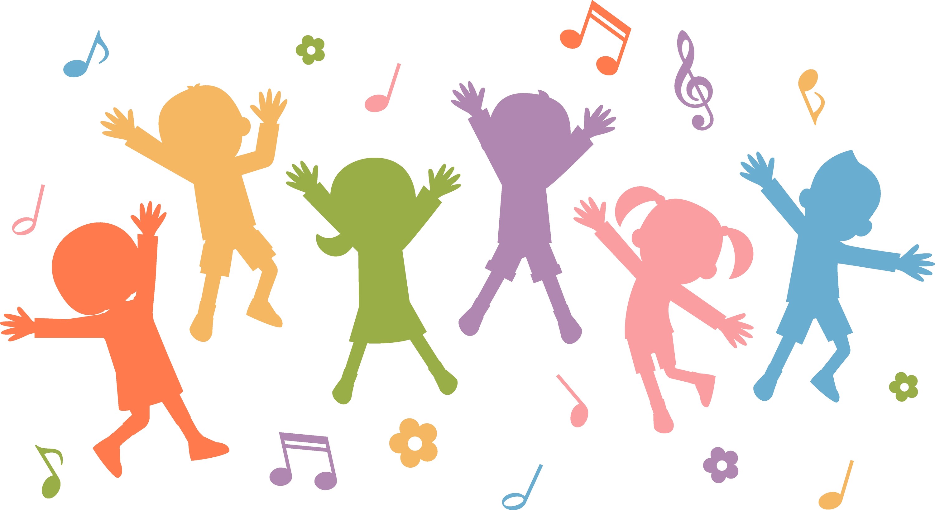 Clip art picture of children's silhouettes in various colors, dancing. Colorful music notes surround the children. 
