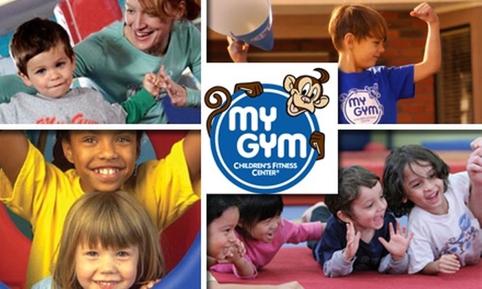 My Gym logo in the center of a photo collage with children smiling.