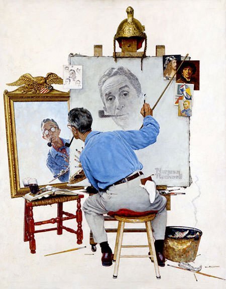 Famous painting by Norman Rockwell that shows him looking in a mirror and painting a portrait of himself. 