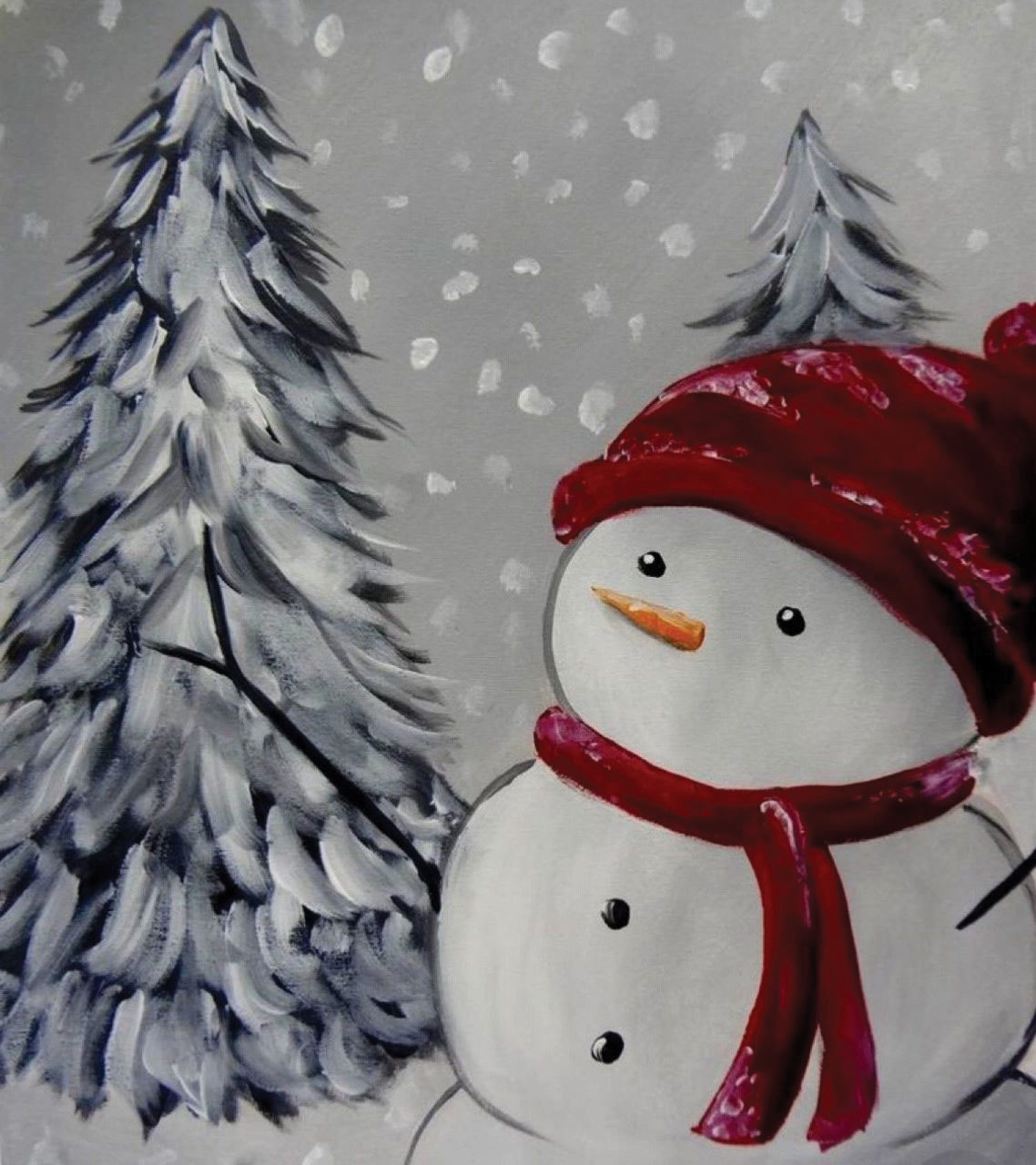 Snowman with red hat and red scarf.  Tall pine tree covered in snow and snow flurries all around. 