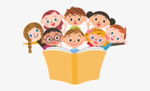 Clip art picture of a large yellow book open and you see the cartoon images of 8 different children's heads peaking out over the top of the open book. 