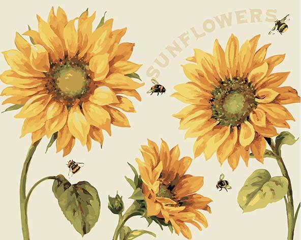 Three sunflowers on a canvas with honey bees flying around and the word "sunflowers" written out lightly in the background.