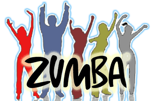The word Zumba boldly written. The background features silhouettes with hands raised in the air.