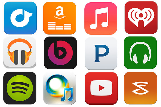 Different icons for music streaming services. Among them are Amazon Audible, iTunes, Pandora and YouTube.