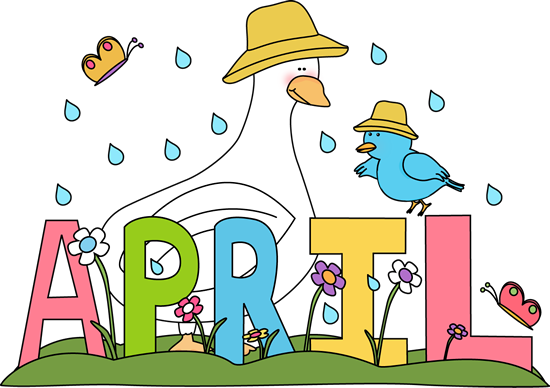 Clipart picture of a duck and a little bird with hats on sitting on grass. The month April spelled out and raindrops falling in the background. 