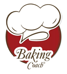 Baking Coach Logo. Red circle with "Baking Coach" spelled out in gold and a white chefs hat. 
