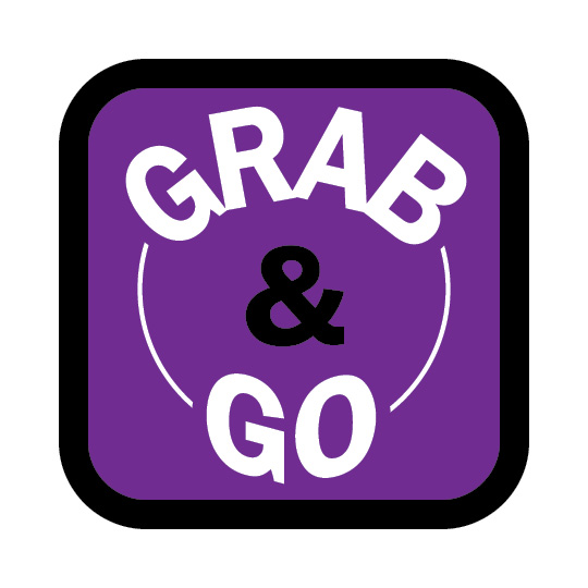 Grab & Go written out in a purple square.