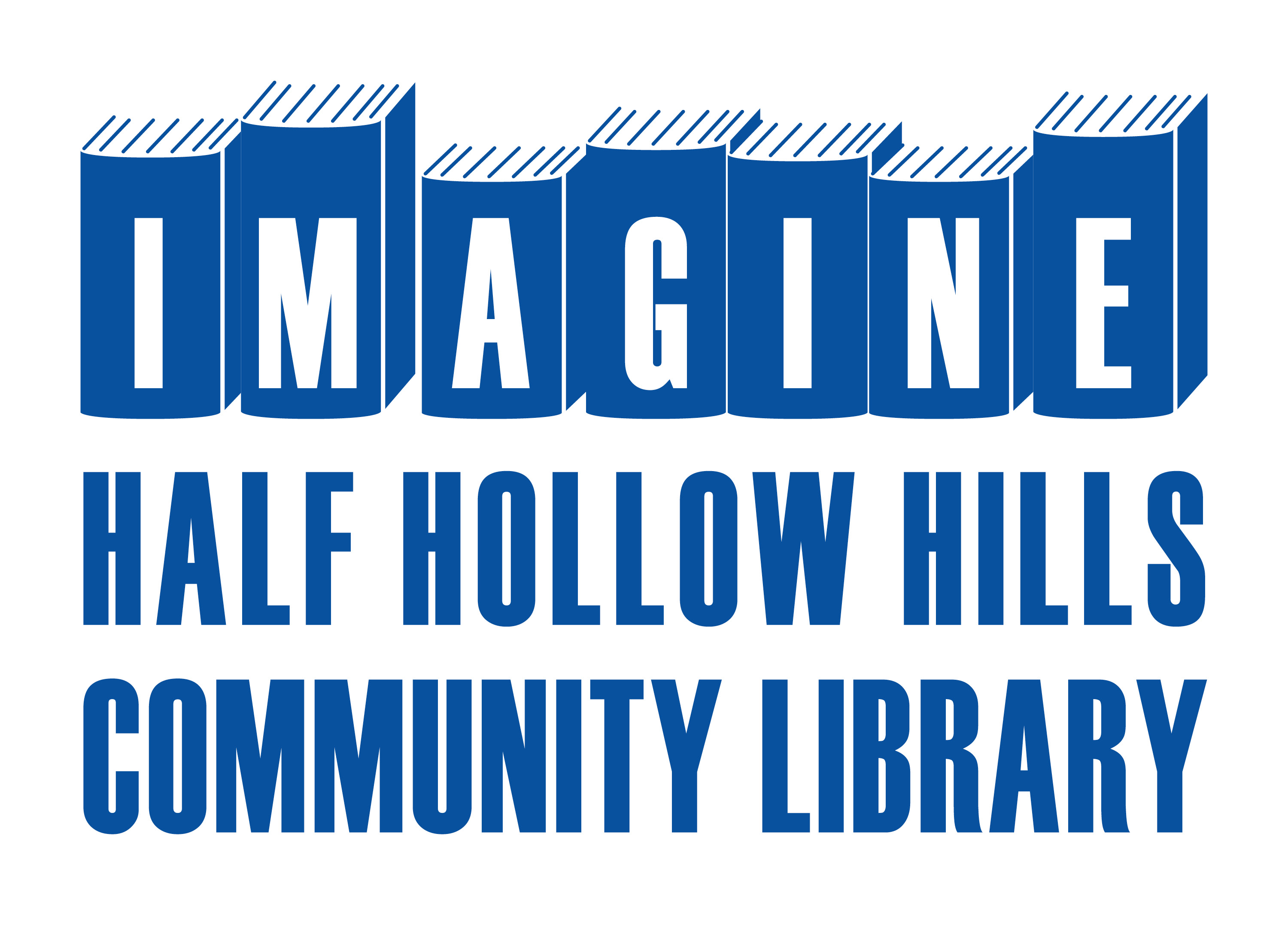 Logo of Half Hollow Hills Community Library. Books in a row with the letters spelling IMAGINE and the library name written below. 
