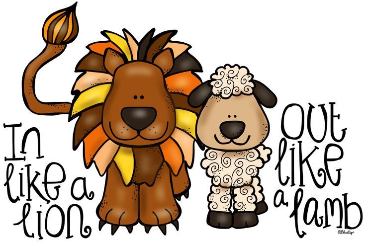Cartoon picture of a Lion and a Lamb with the phrase "In like a lion out like a lamb" spelled out. 
