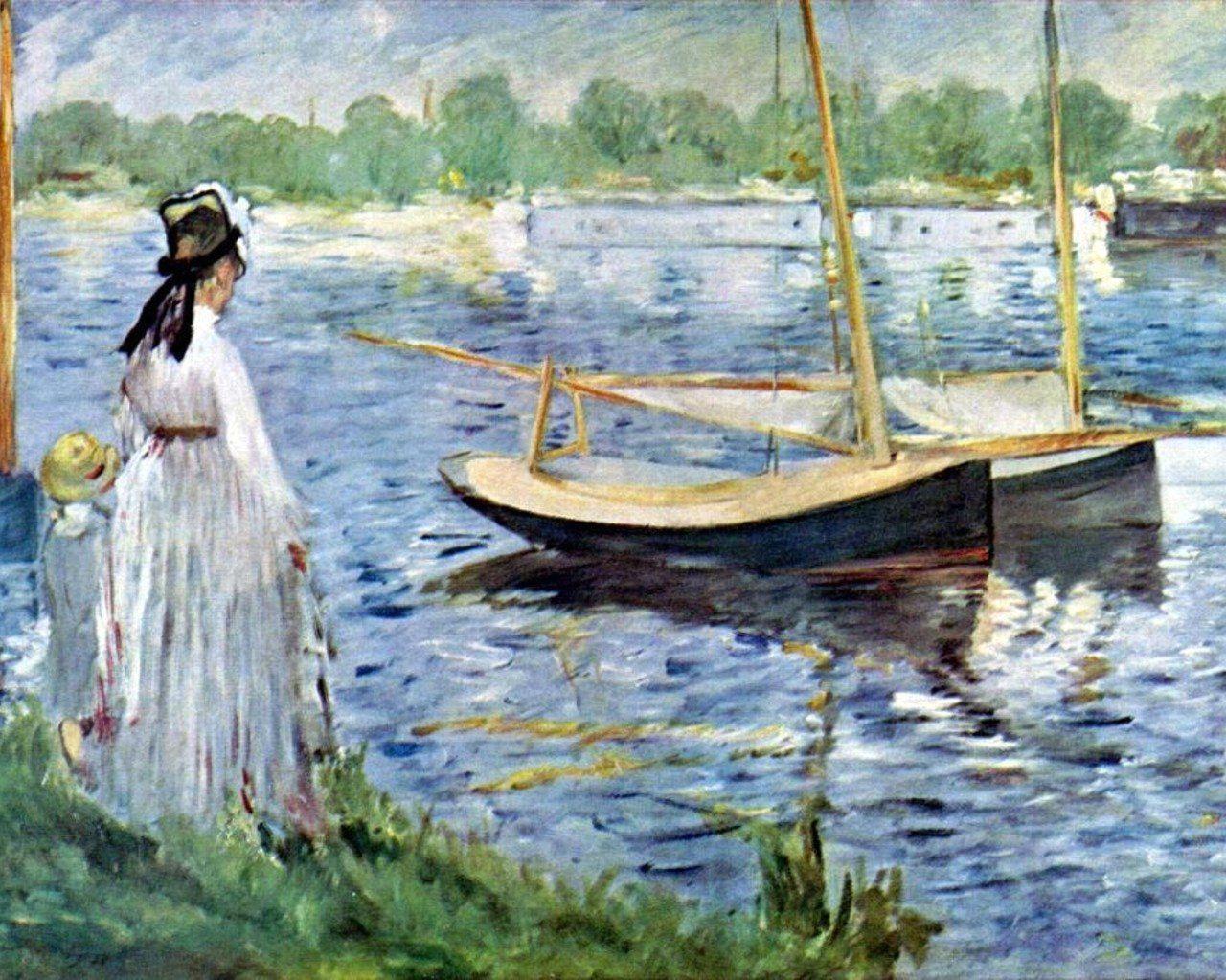 Image of a Manet painting of a woman and child on the shoreline looking out on a lake at 2 boats. 