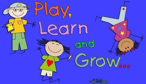 Clipart picture of 3 cartoon stick figure children with the words Play, Learn and Grow spelled out.