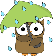 A cartoon like owl standing under an umbrella while raindrops are falling. 