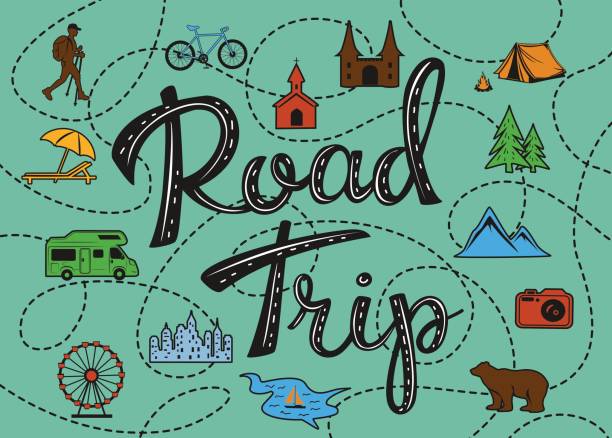 clipart picture of different landmarks with a dotted line connecting them all to indicate travel.  The words Road Trip spelled out. 