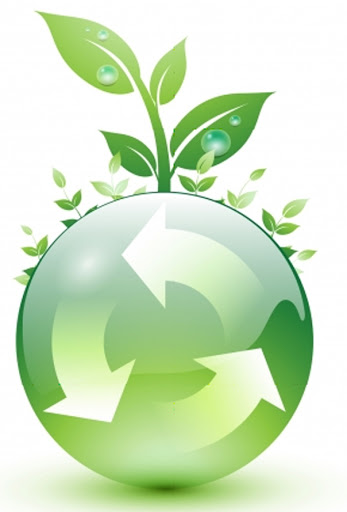 Green Sphere with arrows pointing to each other in a counter clockwise direction in reference to recycling and small plants coming out of the sphere to represent growth.