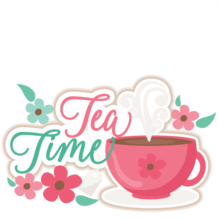 Cartoon image of a teacup and flowers with the words Tea Time spelled out. 