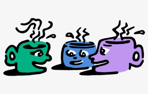 Clip art picture of 3 mugs talking to each other. 