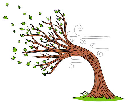 Cartoon like tree with green leaves bending in the wind. 