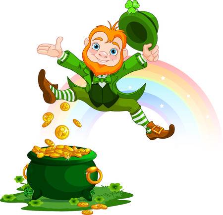 Cartoon image of a leprechaun leaping over a pot of gold and a rainbow in the background. 