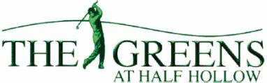 Greens' logo that says The Greens at Half Hollow with a silhouette of a person playing golf. 