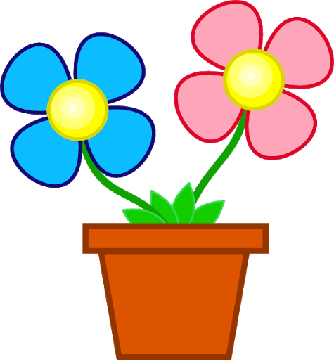 Clipart picture of a flower pot with 2 cute flowers. 