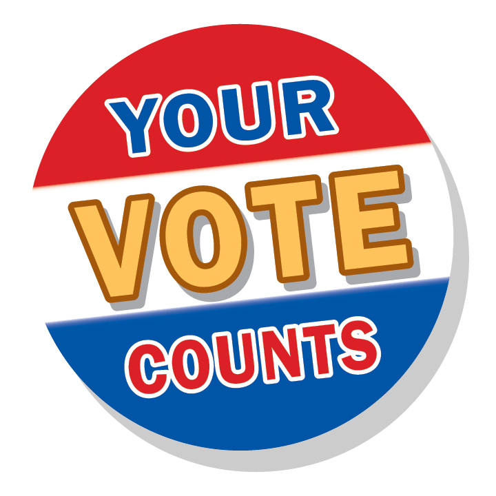 Red, white and blue pin with "your vote counts" written out. 