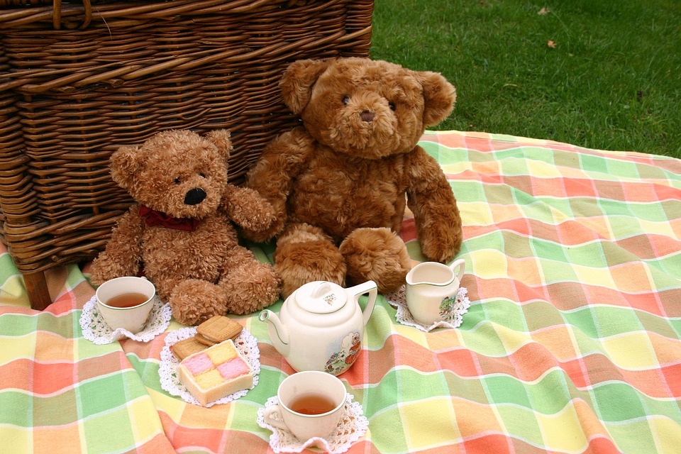 Teddy Bears with tea cups on a picnic blanket.