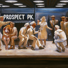 Painting depicting sailors and women at the NYC Prospect Park Station