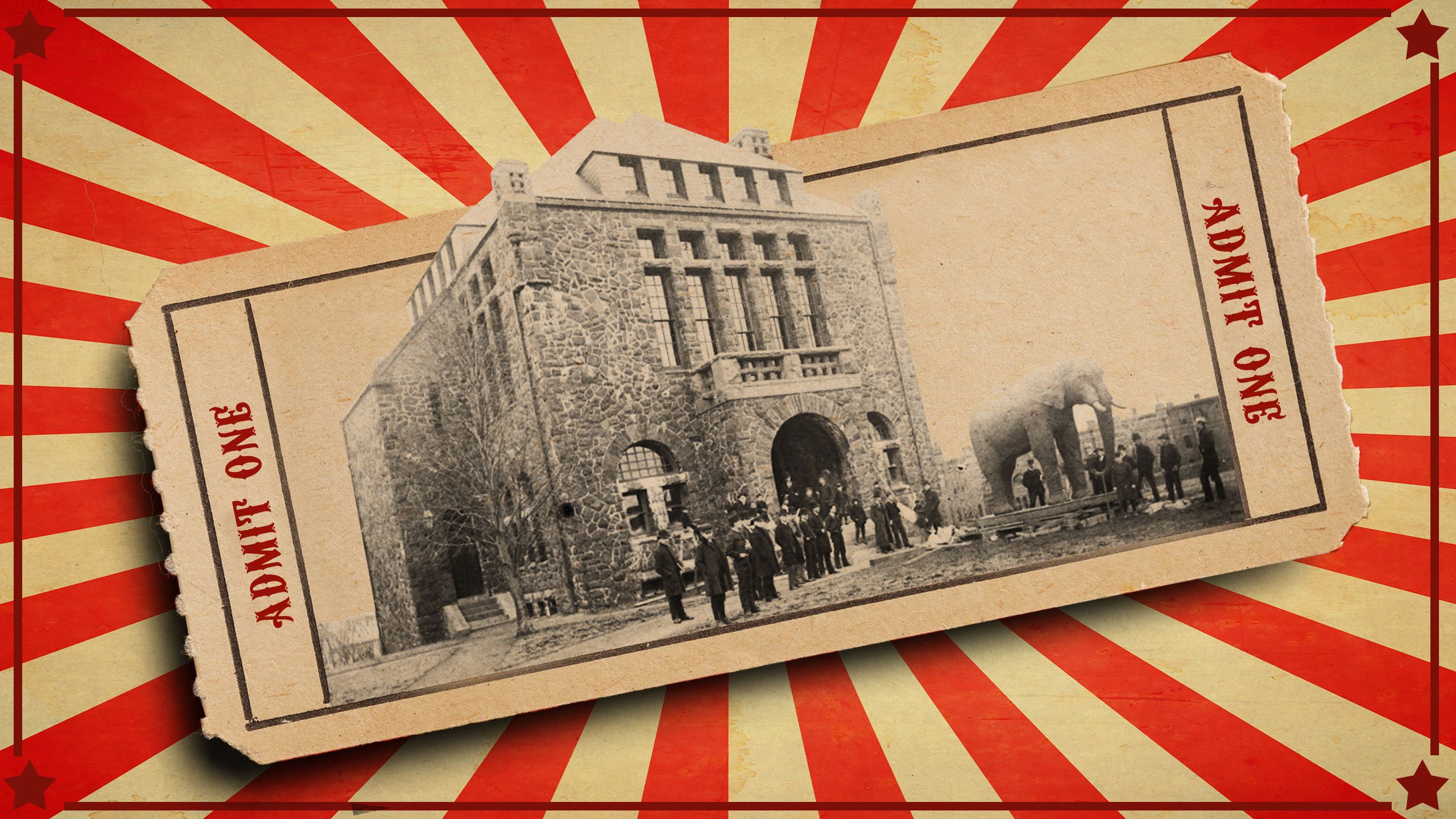 A circus ticket with an old image of the PT Barnum Museum and people standing outside of it. The background looks like the colors of a Circus tent. 