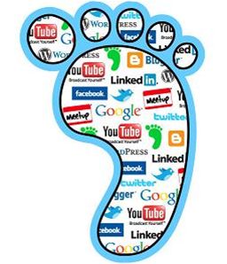 clipart picture of a foot print with all different popular social media and digital technology logos.