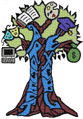 Project Excel Logo featuring a clipart picture of a tree, "Project Excel" written down the trunk of the tree and in the branches and leaves they have a computer, book, artist palate and 2 theater masks, a money bag and a graduation cap.  
