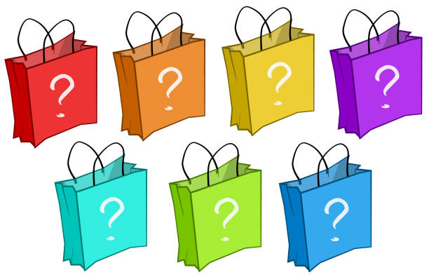 Little shopping bags in multiple colors with a question mark on each bag. 