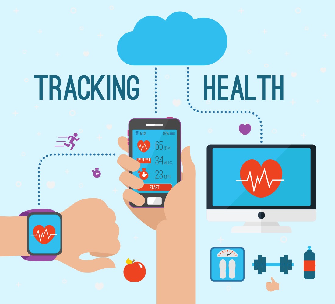 clipart picture of various tech devices (Apple watch, Phone and Smart TV) showing apps that track fitness. 