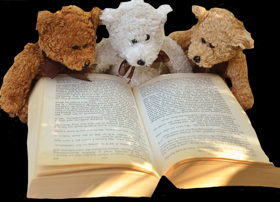 Three teddy bears reading a book together.