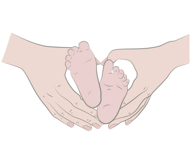 Cartoon like image of adult hands holding infant feet.