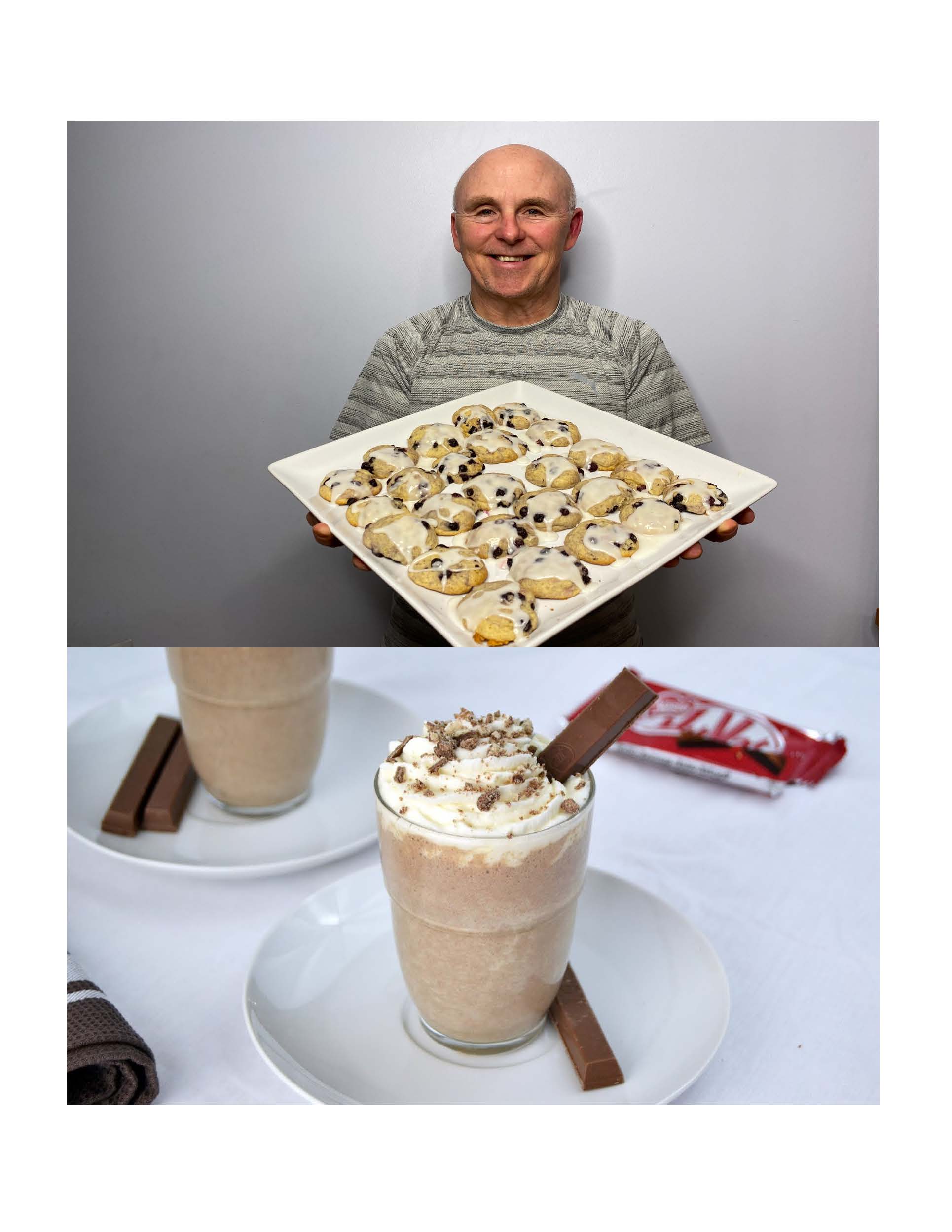 Image of Rob Scott holding a tray of the cookies and then below that is an image of a Kit Kat Milkshake.