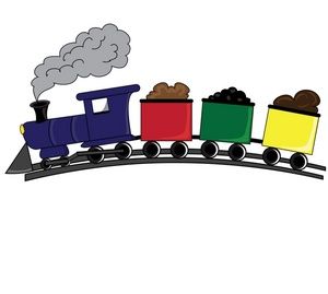 Clipart picture of a Choo Choo train on a track. The engine and each car is a different color.